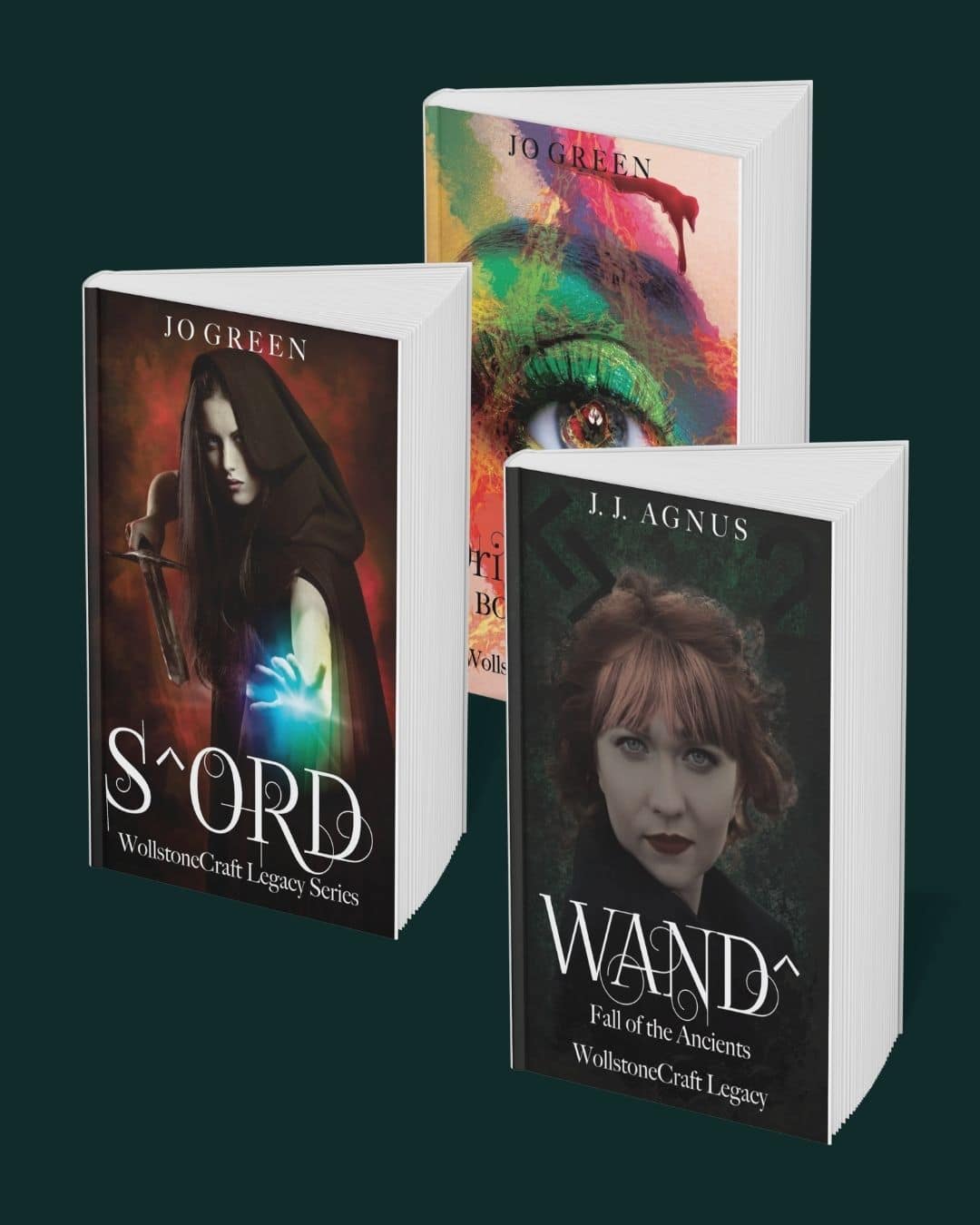 Three fantasy books with dark, mystical covers stand upright against a dark green background.