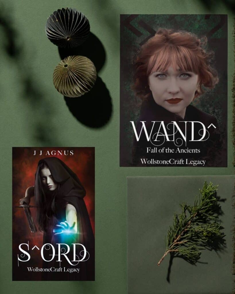 Two book covers on green background with a pine twig and two spheres. Covers read “WAND: Fall of the Ancients” and “SWORD.”.